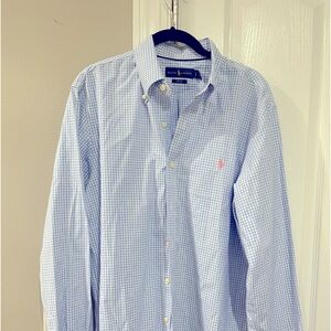 Men’s polo dress shirt, light blue and white check.
